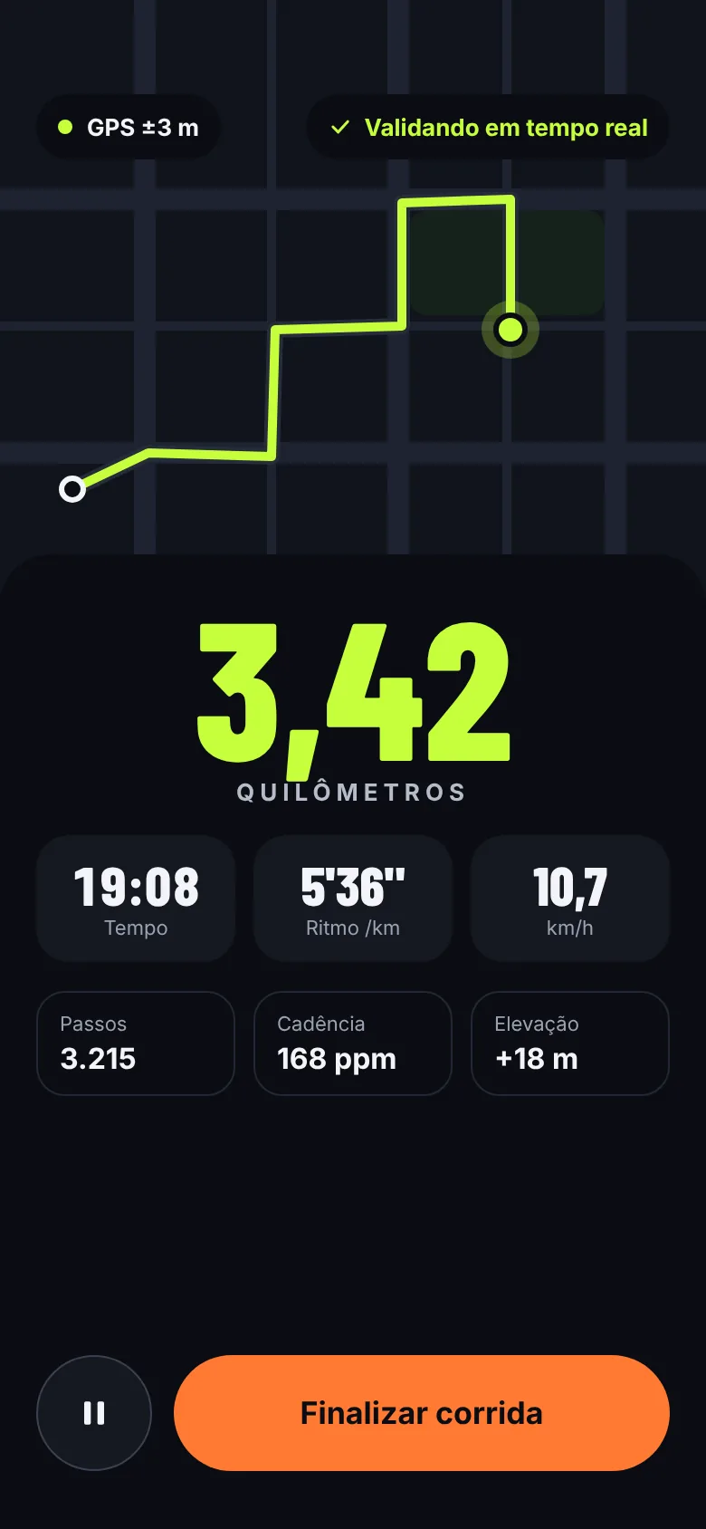 Tela do app: Corrida com GPS