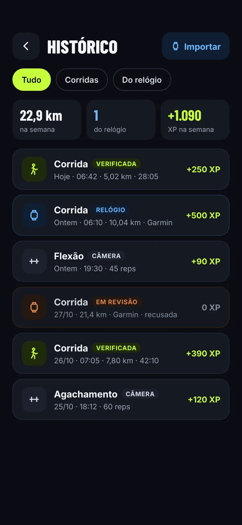 Tela do app: corrida importada do relógio no Histórico, com o selo Relógio
